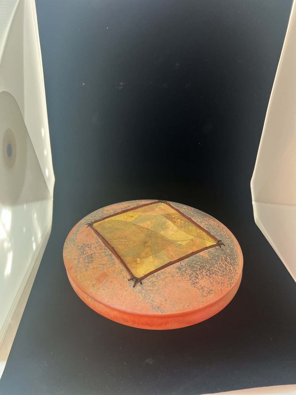 Adcock Studio Art Pottery Covered Vessel Raku Leaf Lidded Jar